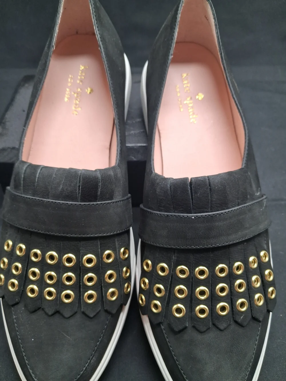 kate spade Black Suede Loafers with Gold Eyelet Detail